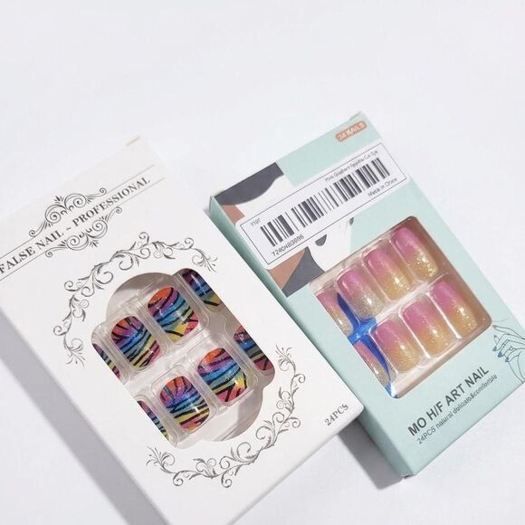 Source Unknown Other - Press On Nails Set Lisa Frank Style Zebra Stripe and Pink Glitter Ombre NIB